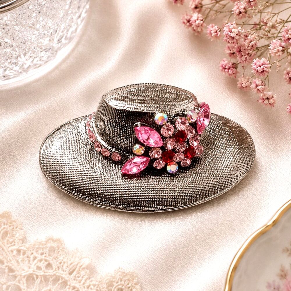 Vintage Black Ladies Hat Brooch with Pink Rhinestone Accents